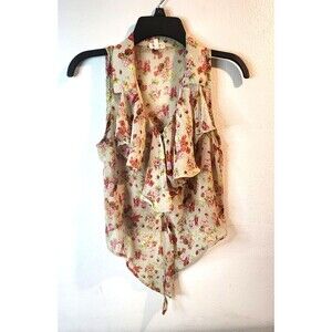 teenbell Shabby Chic Floral Chiffon Blouse - Ruffle Front Sleeveless Top  Sz S